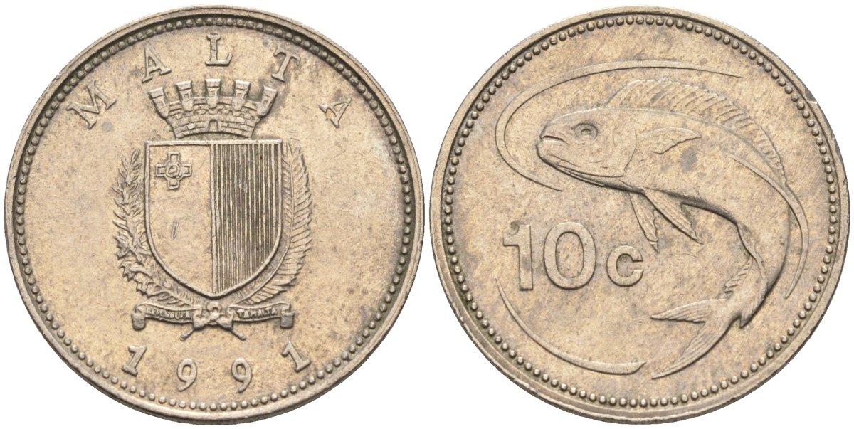 Мальта 10 центов 1991 золотая макрель KM 96 медно-никель 4588-233