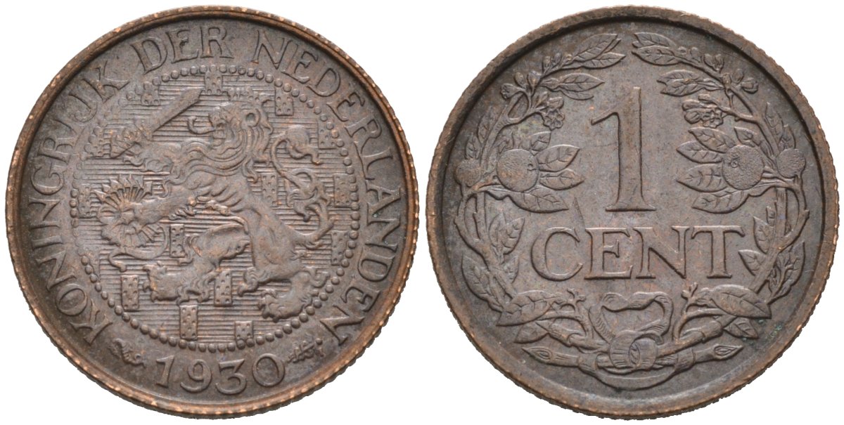 Нидерланды 1 цент 1930 Вильгельмина (1890-1948) KM 152 бронза 4576-742