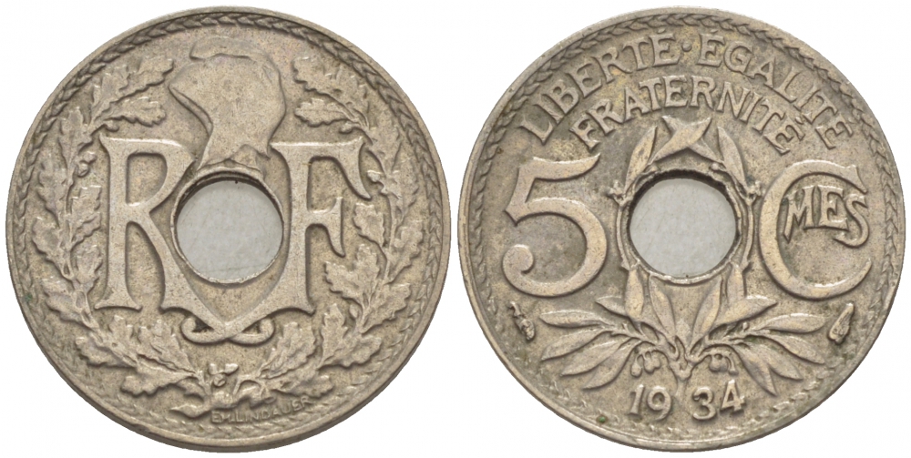 ФРАНЦИЯ 5 САНТИМОВ 1934 ТИП ЛИНДАЙЁ KM 875 медно-никель 3309-1022
