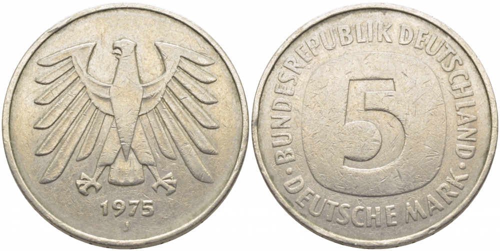 ФРГ 5 марок 1975 J, монетный двор Гамбург КМ 140.1, J. 415 медно-никель плакированный никелем 109-841