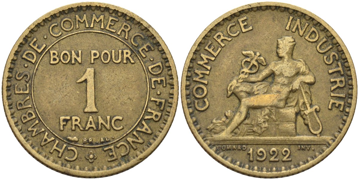 Франция 1 франк 1922 KM 876, Le Franc 218.5 алюминиевая бронза 4142-641