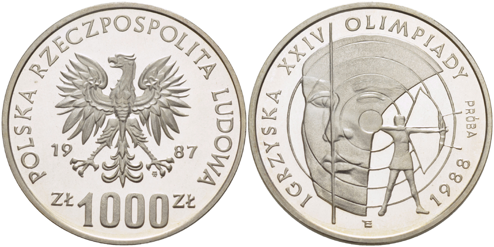Польша 1000 злотых 1987 MW, XXIV летние Олимпийские игры 1988 года в Сеуле, стрельба из лука, мишень, PROBA, проба, тираж 10000 экз. KM Pr 567, Parchimowicz P.493a серебро PROOF 1085-2-23