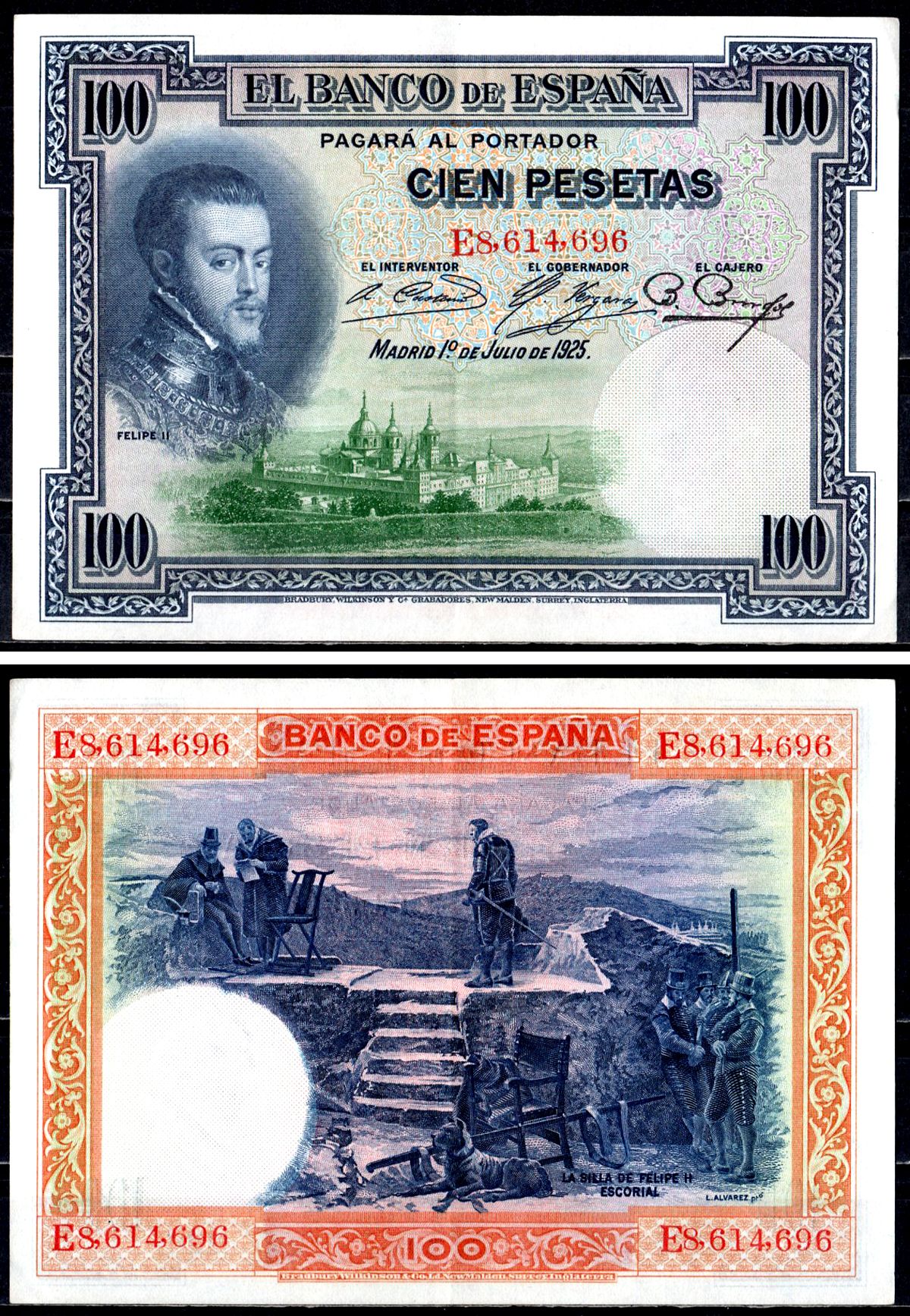 Испания 100 песет 1925 1 июля, Филипп II (1556-1598), стул Филиппа II, Эль Эскориал Pick 69 c (1) бумага 402-27-2-1