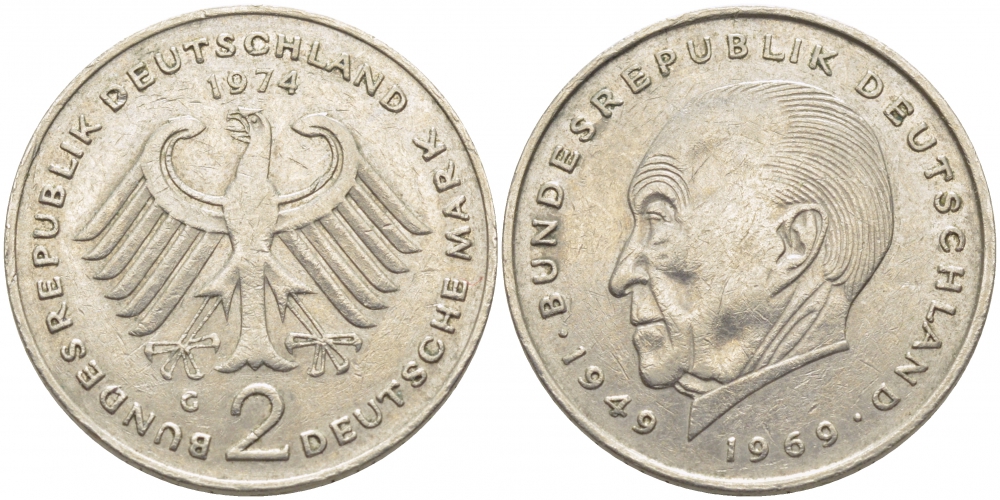 ФРГ 2 МАРКИ 1974 G, КОНРАД АДЕНАУЭР KM 124, J. 406 медно-никель плакированный никелем 3856-247