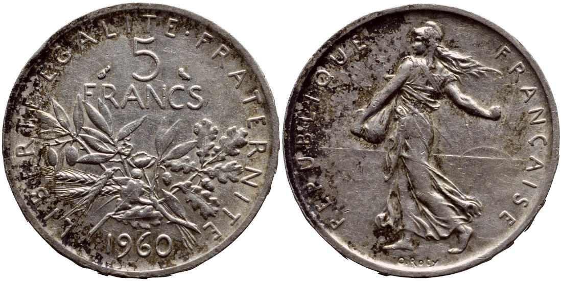 Франция 5 франков 1960 сеятель KM 926, LE FRANC 340.4 серебро 633-1024