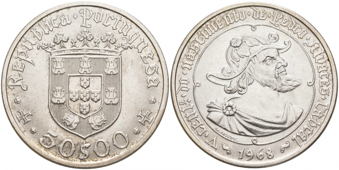 ПОРТУГАЛИЯ 50 ЭСКУДО 1968 500 ЛЕТ ПЕДРО АЛЬВАРЕСУ, НАВИГАТОРУ, ПЕРВООТКРЫВАТЕЛЮ БРАЗИЛИИ KM 593 серебро UNC 4537-1025