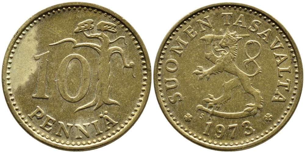 ФИНЛЯНДИЯ 10 ПЕННИ 1973 S KM 46 алюминиевая бронза 46-369