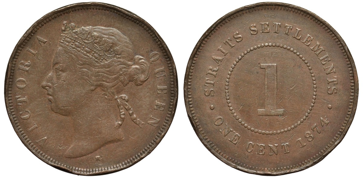 Стрейтс-Сетлментс 1 цент 1874 Виктория (1837-1901) KM 9 бронза 4557-911