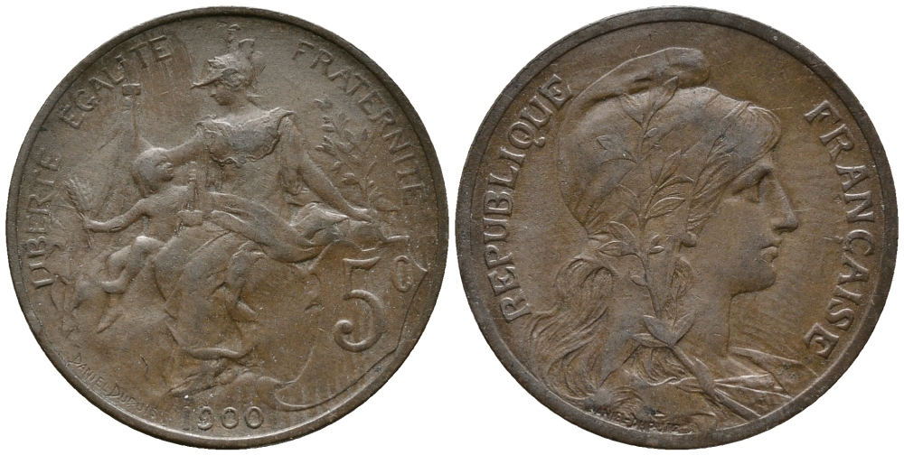 ФРАНЦИЯ 5 САНТИМОВ 1900 ТИП ДАНИЭЛЬ ДЮПЮИ KM 842, LE FRANC 119.9 бронза 34-1222