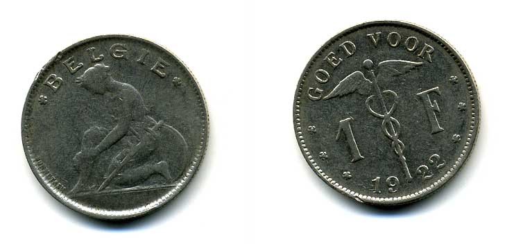 БЕЛЬГИЯ 1 ФРАНК 1922 BELGIE KM 90 никель 58-1223
