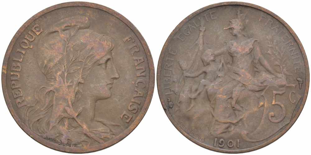 ФРАНЦИЯ 5 САНТИМОВ 1901 ТИП ДАНИЭЛЬ ДЮПЮИ KM 842, LE FRANC 119.11 бронза 108-831