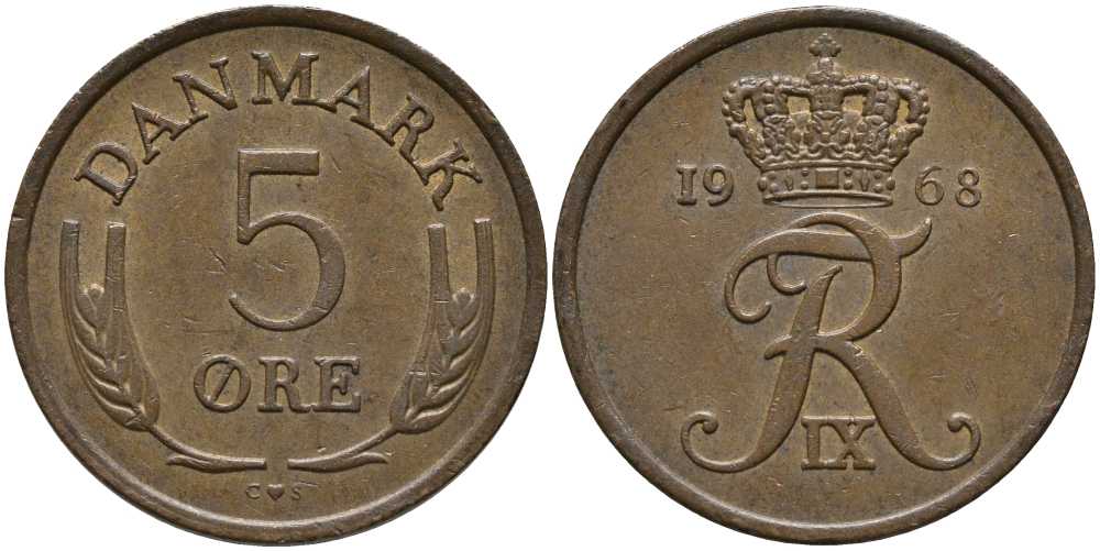 ДАНИЯ 5 ЭРЕ 1968 C; S, ФРЕДЕРИК IX (1947-1972) KM 848.1 бронза 175-712
