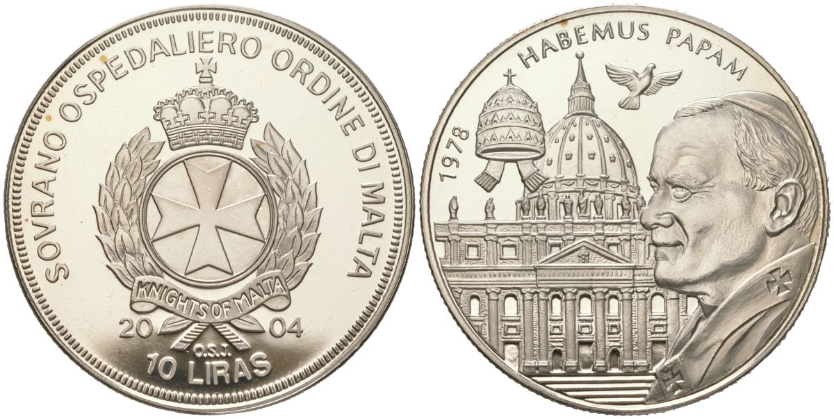 Мальтийский орден 10 лир 2004 Жизнь Папы, Иоанн Павел II - у нас есть Папа (Habemus Papam), избрание Папы в 1978, тираж 5.000 экземпляров медно-никель PROOF 1529-334