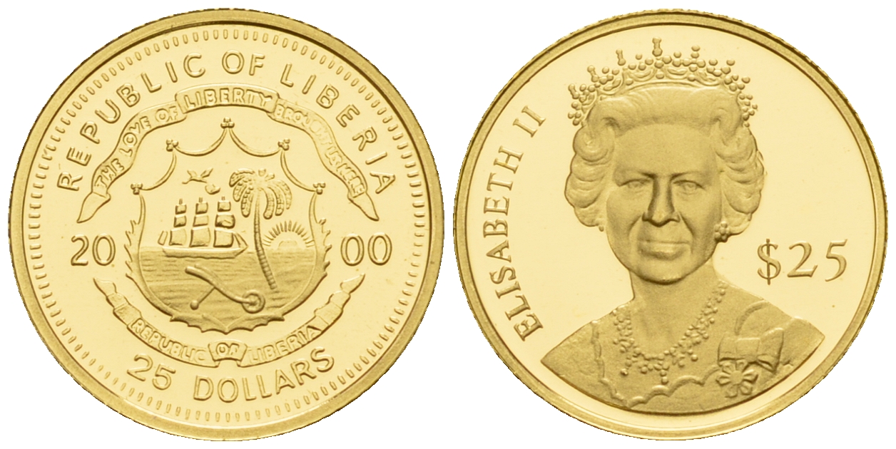 Либерия 25 долларов 2000 Королева Англии Елизавета II  золото  PROOF  00-815-41