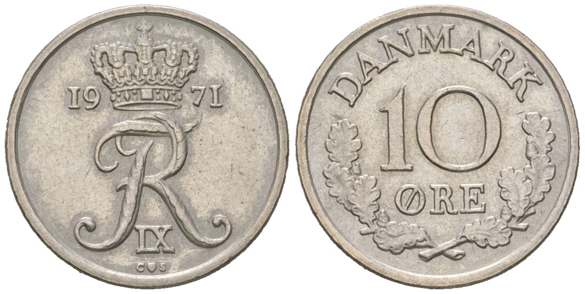 Дания 10 эре 1971 C; S, Фредерик IX (1947-1972) KM 849 медно-никель 211-265