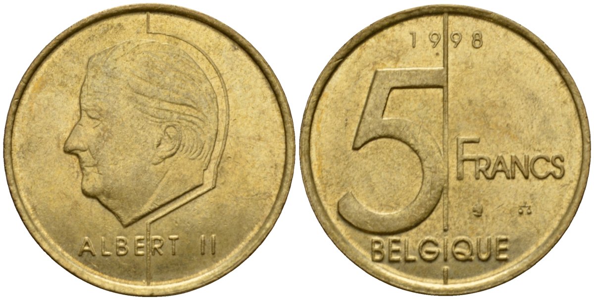 Бельгия 5 франков 1998 Belgique, Альберт II (1994-2013) KM 189 алюминиевая бронза 4601-224