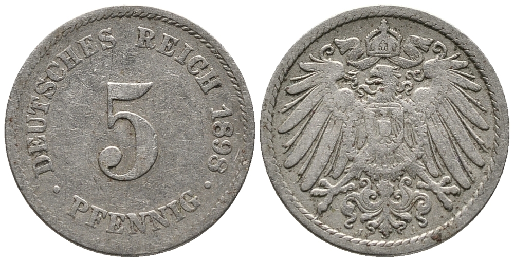 Германия 5 пфеннигов 1898 J KM 11, Jager 12, Weege 6 медно-никель 39-727