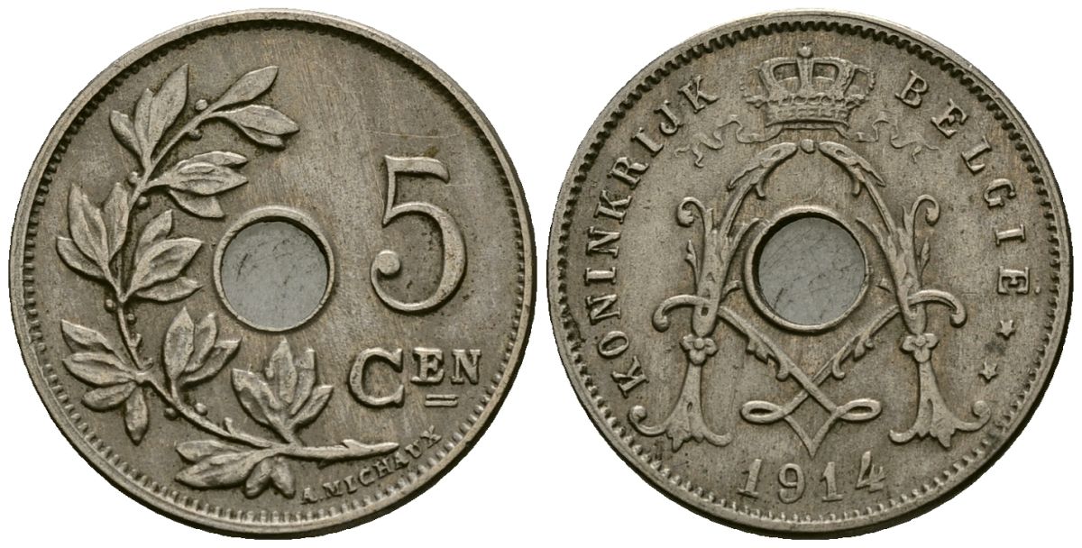 Бельгия 5 сантимов 1914 Belgie KM 67 медно-никель 4173-169