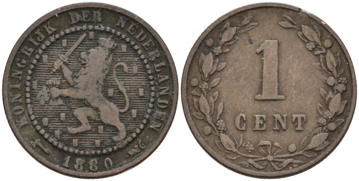 Нидерланды 1 цент 1880 Виллем III (1849-1890) KM 107 бронза 4576-554