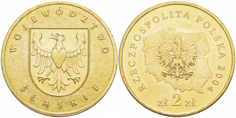 Польша 2 злотых 2004 MW, серия польские воеводства, Силезское воеводство KM 493 нордик UNC 4529-115