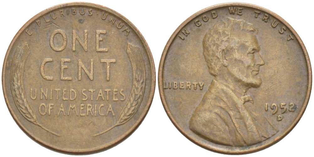 США 1 ЦЕНТ 1952 D, ЛИНКОЛЬН KM А132 медь цинк 3309-725