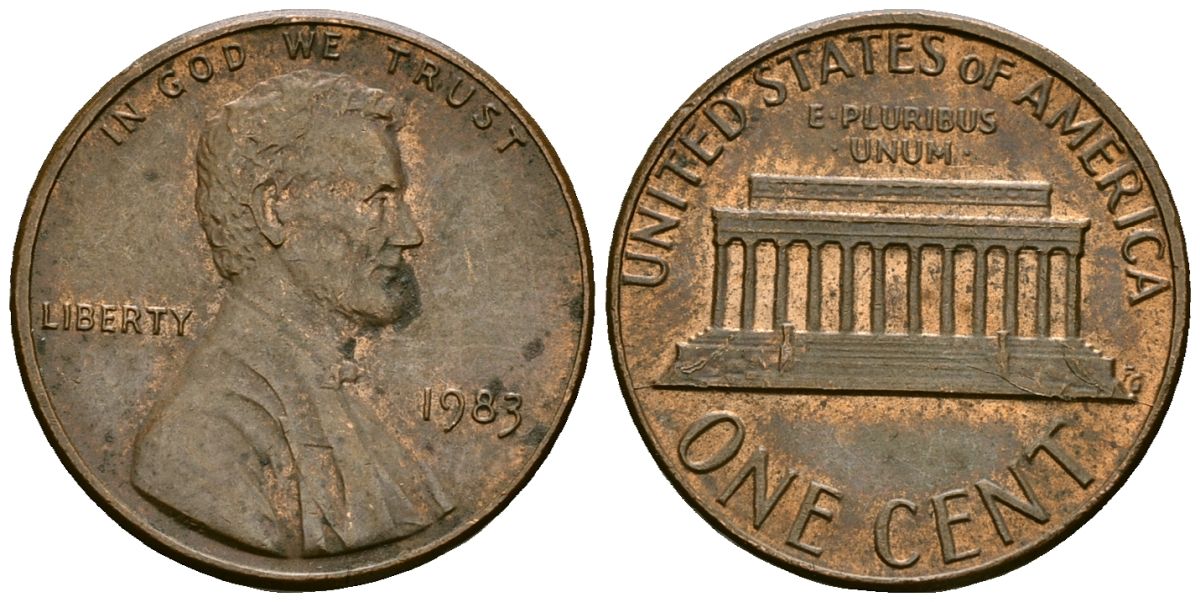 США 1 цент 1983 Линкольн KM 201b цинк плакированный медью 4136-231
