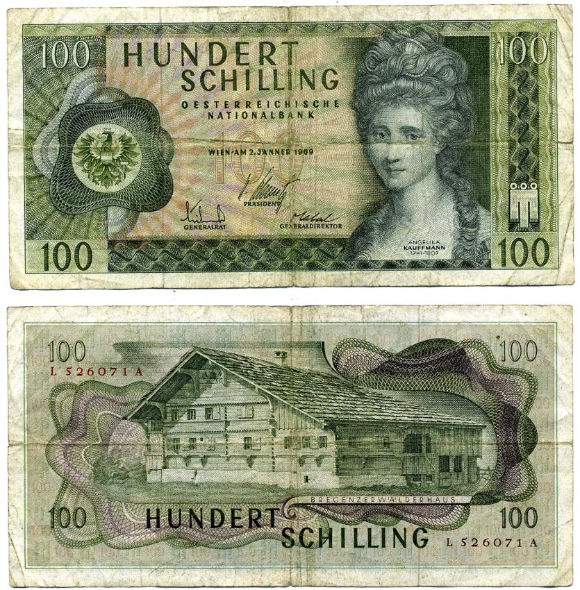 Австрия 100 шиллингов 1969 Анжелика Кауфманн, "Монфор" герб Форарльберга Pick 145a бумага 6280-41-1-1