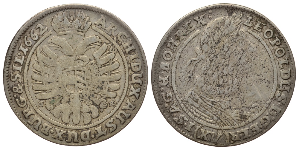 Австрия, Священная Римская империя 15 крейцеров 1662 GH, монетный двор Бреслау,  Леопольд I (1658-1705) KM 1143 серебро 413-614