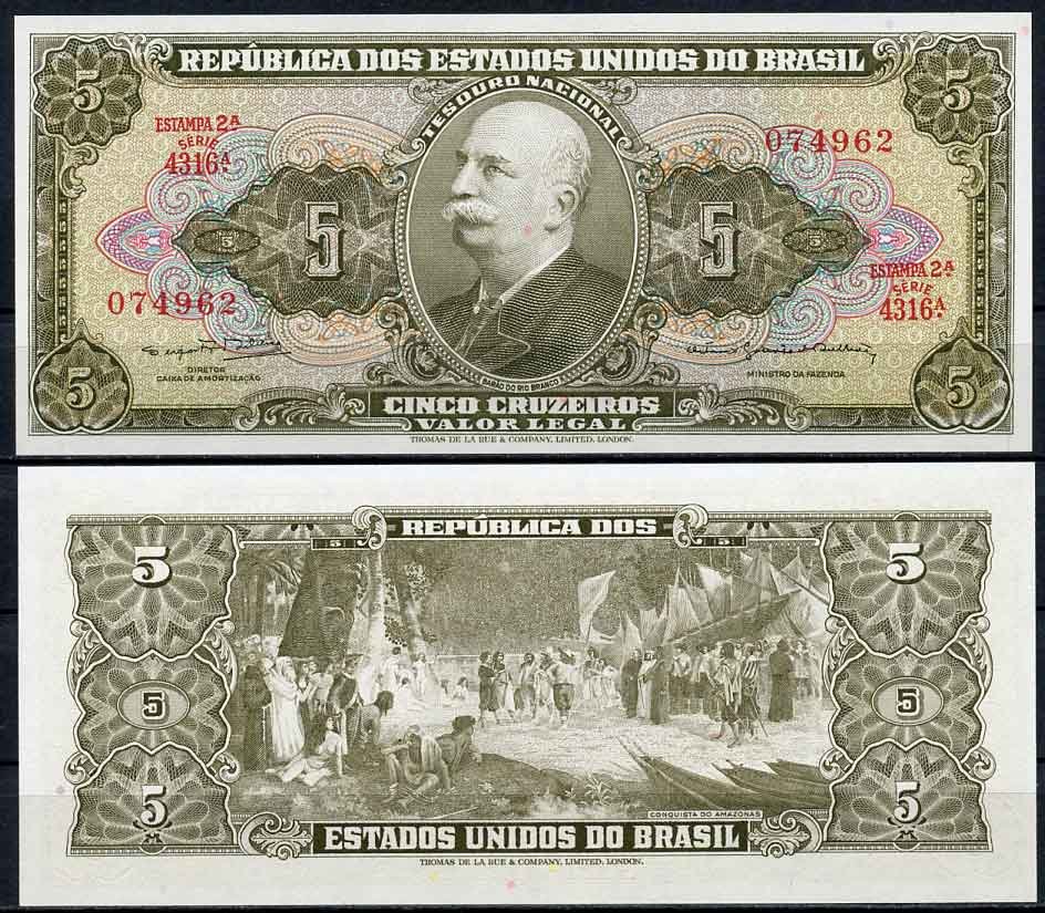 Бразилия 5 крузейро ND (1962-1964) серия 4316, Estampa 2A, Барао до Рио Бранко Pick 176 d бумага UNC (пресс) 2196-38-2-1