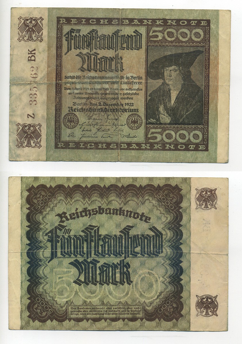 ГЕРМАНИЯ 5000 МАРОК 1922 2 ДЕКАБРЯ 1922, ВОДЯНОЙ ЗНАК Е, В ЗВЁЗДАХ G/D, ДЮРЕР Pick 81а бумага 7217-43-1