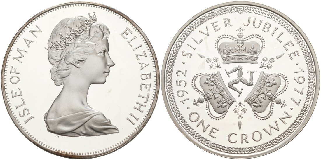 Остров Мэн 1 крона 1977 Серебряный юбилей правления королевы Елизаветы II, три короны KM 41а серебро PROOF 3-4-4-23