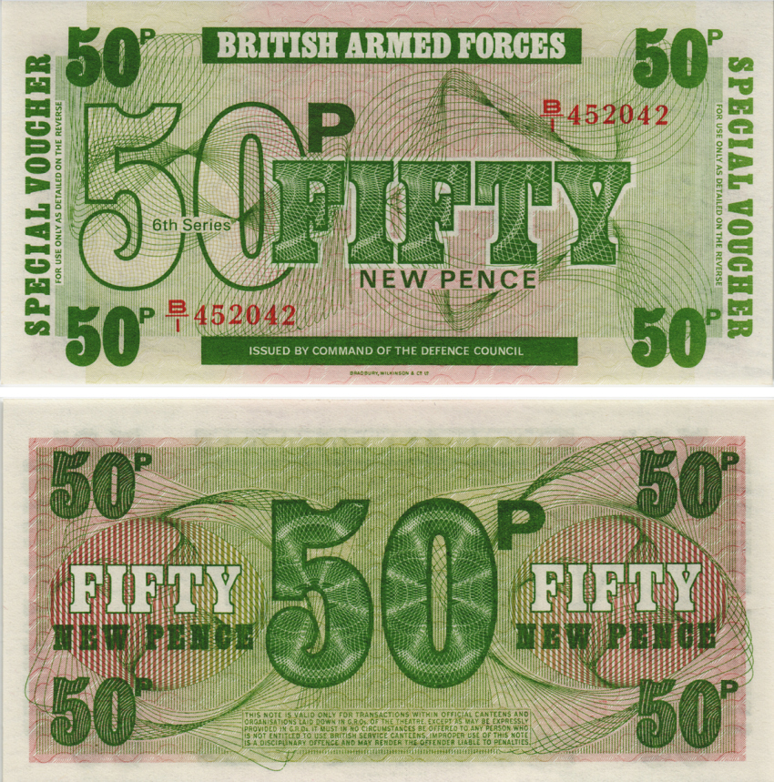 АНГЛИЯ 50 ПЕНСОВ 1972 ДЛЯ ВООРУЖЕННЫХ СИЛ, 6 СЕРИЯ, BRADBURY WILKJSON @ Co Pick M46 бумага UNC (ПРЕСС) 8605-27-3-2