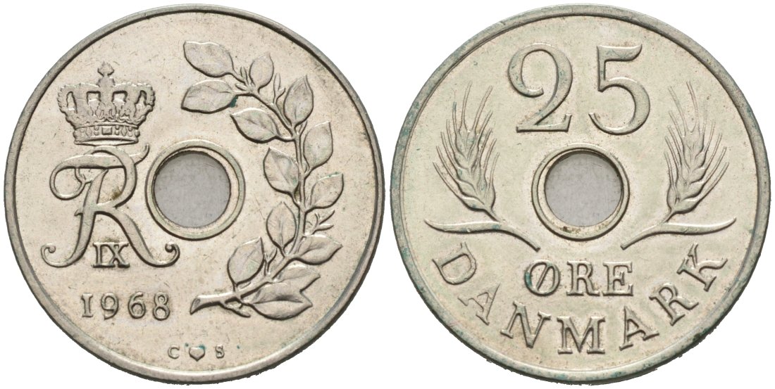 Дания 25 эре 1968 С;S, Фредерик IX (1947-1972) KM 855.1 медно-никель 4571-341