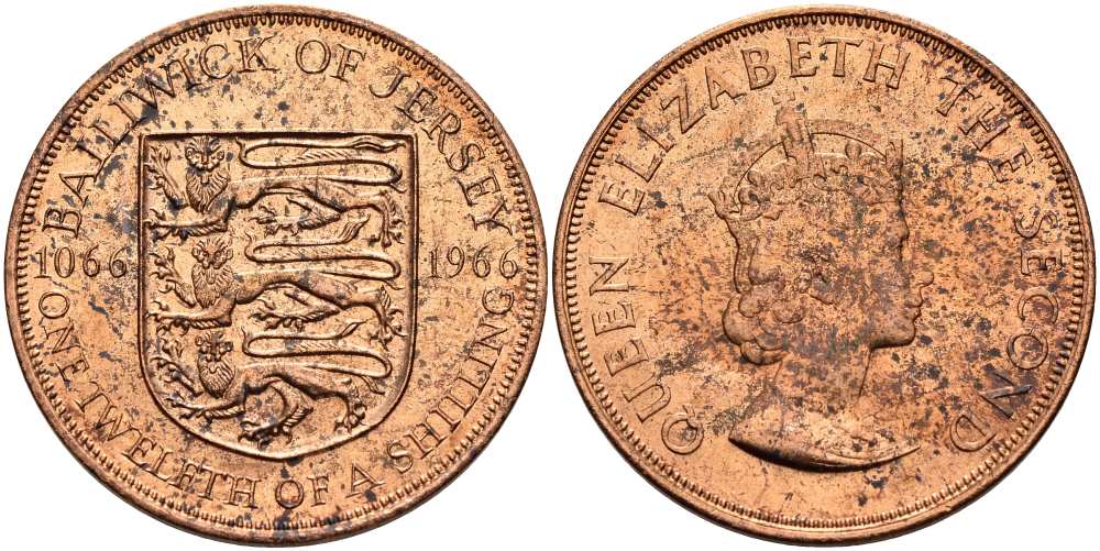 Джерси 1/12 шиллинга 1966 900 лет Нормандскому завоеванию KM 26 бронза UNC 4512-334