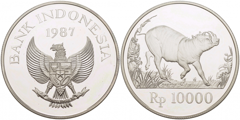ИНДОНЕЗИЯ 10000 РУПИЙ 1987 СЕРИЯ 25 ЛЕТ ЗАЩИТЕ ОКРУЖАЮЩЕЙ СРЕДЫ, БОРОДАВОЧНИК KM 45 серебро PROOF 1068-6-13
