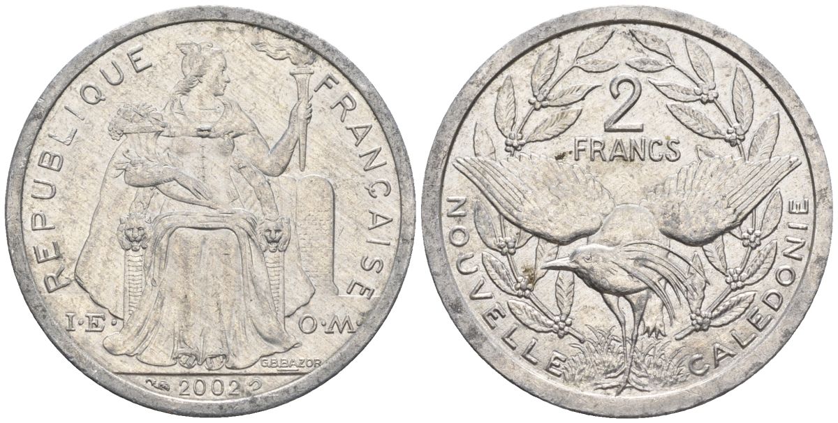Французская Новая Каледония 2 франка 2002 птица кагу, (IEOM) KM 14, Schoen 11, Lec 68g алюминий    28-655