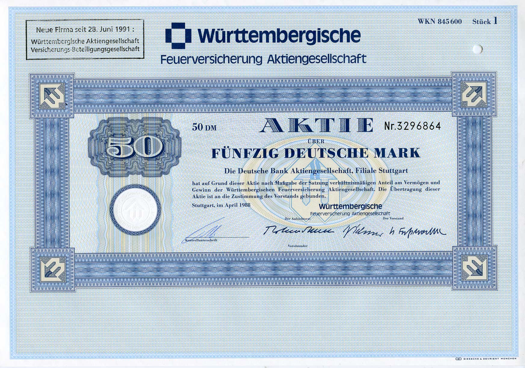ФРГ 50 марок 1988 Акционерное общество по страхованию от пожаров Вюртемберга, акция   бумага   8803-104-1