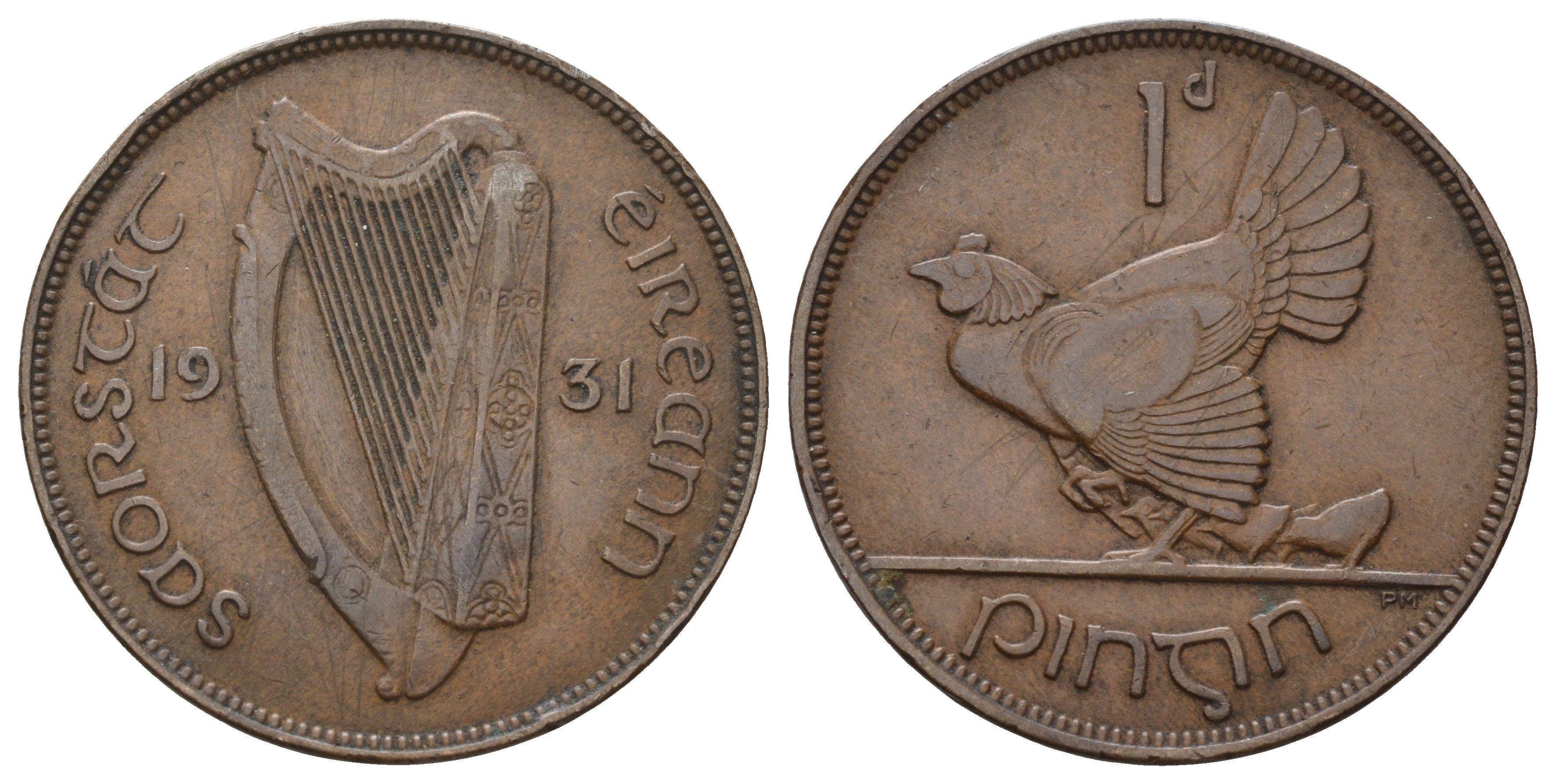 Ирландия 1 пенни 1931 курица с цыплятами KM 3 бронза 4512-833