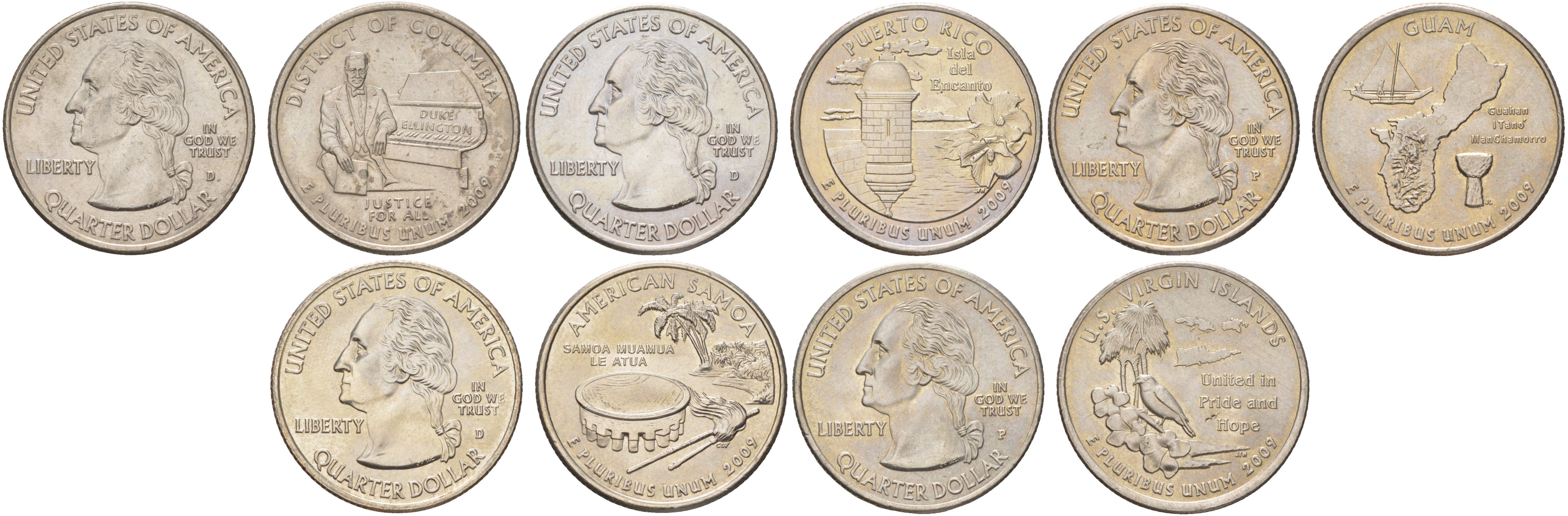 США годовой набор из 5 монет (25 центов, квотер, 1/4 доллара) серии квотеры 50 штатов 2009 Квотер штата Округа Колумбия, Пуэрто-Рико, Гуам, Американского Самоа и Американских Виргинских островов KM 445, 446, 447 и 448, 449 медь плакированный медно-никелем