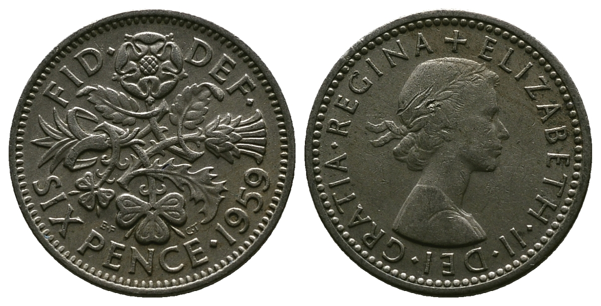 Великобритания 6 пенсов 1959 Елизавета II (1952-2022) KM 903, Spink 4149 медно-никель 4381-716