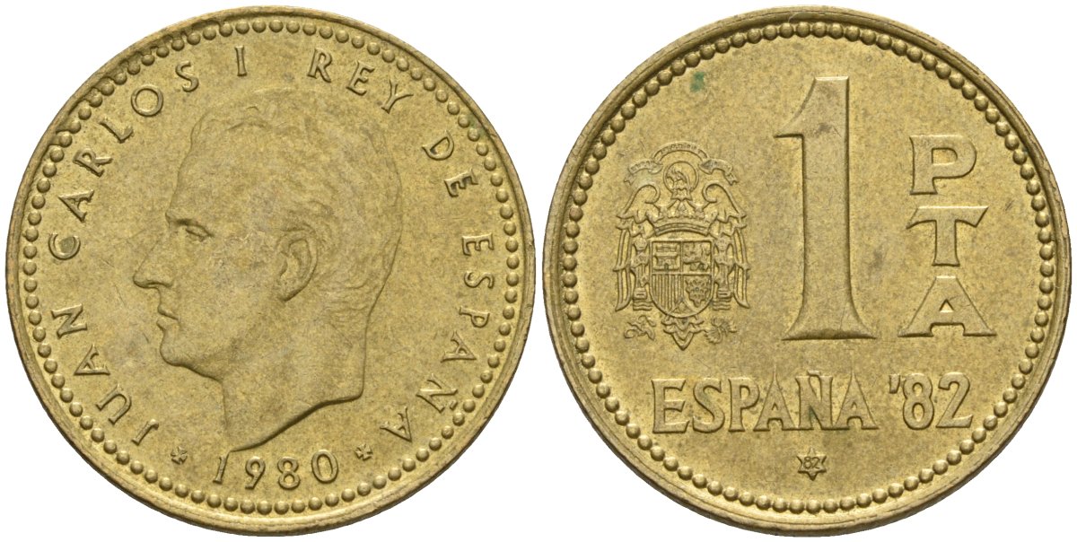 Испания 1 песета 1980 (82) чемпионат мира по футболу 1982 года в Испании, Хуан Карлос I (1975 - 2014) KM 816 алюминиевая бронза 4604-453