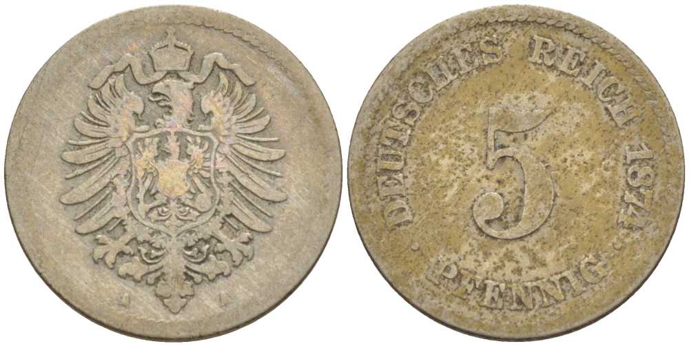 ГЕРМАНИЯ 5 ПФЕННИГОВ 1874 A, СТАРОГЕРБОВКА KM 3, J. 3, Weege 5 медно-никель 206-1053