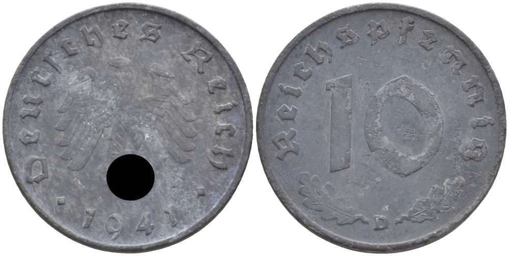 ГЕРМАНИЯ 10 РЕЙХСПФЕННИГОВ 1941 D KM 101, J. 371 цинк 4401-732