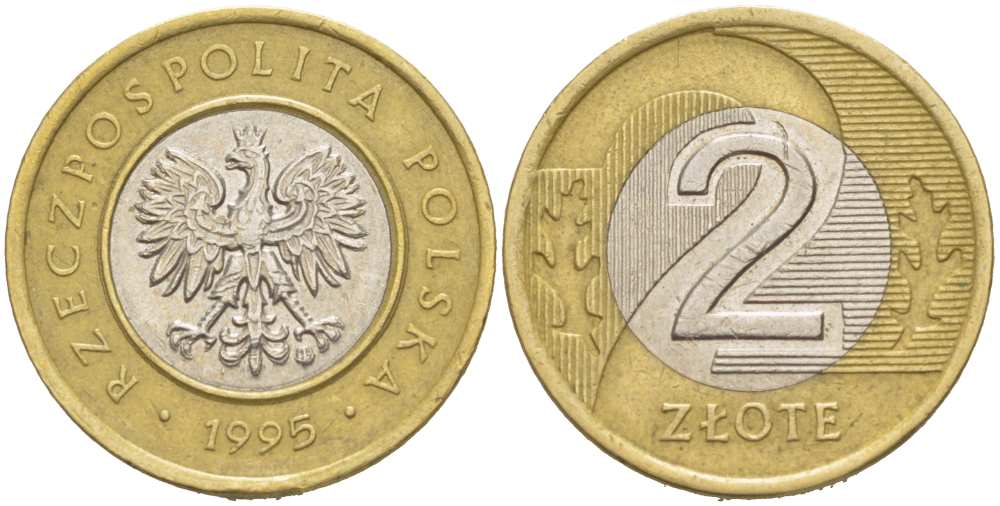 Польша 2 злотых 1995 MW KM 283 биметалл 217-621