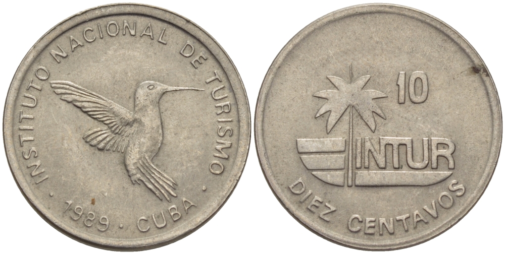 Куба 10 сентаво 1989 туристические деньги, INTUR, цифры номинала маленькие KM 415.2а медно-никель 67-1115