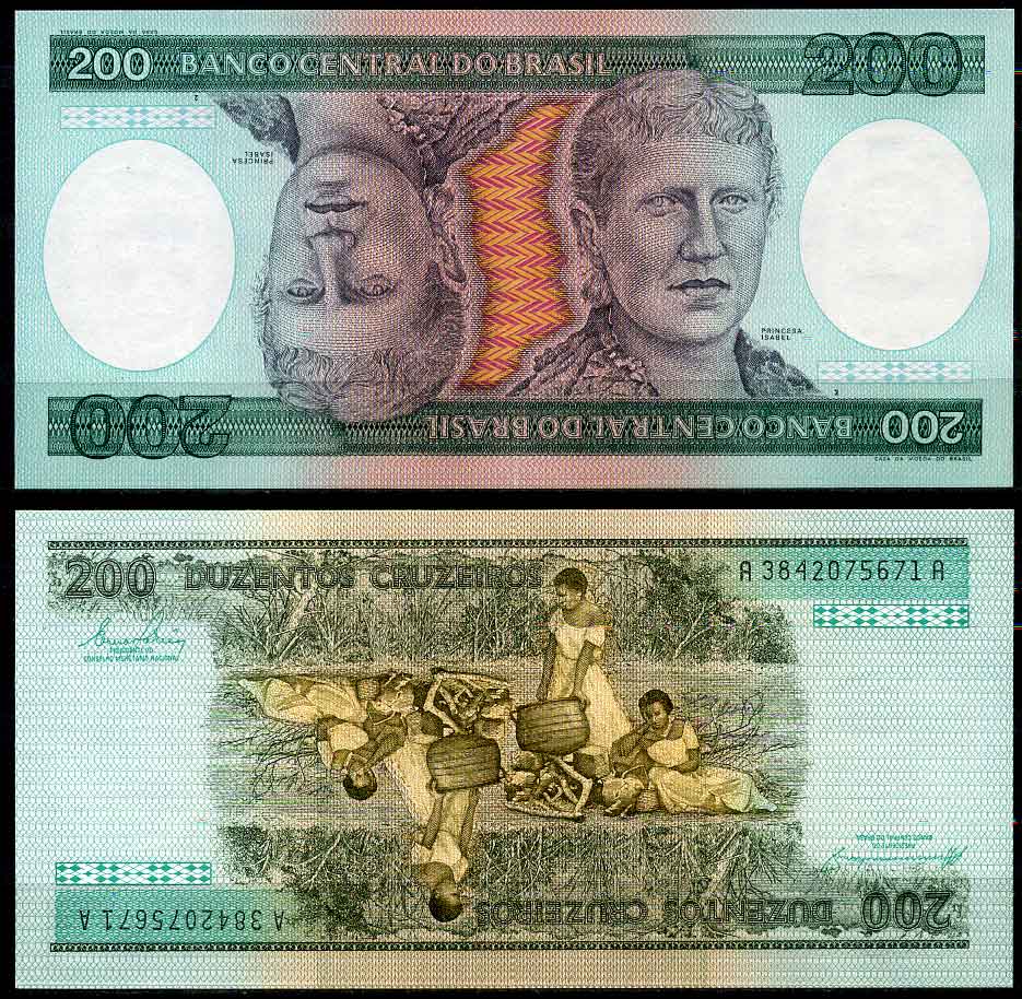 Бразилия 200 крузейро 1984 подпись 21, серия А 3842, Принцесса Изабела Pick 199 b бумага UNC (пресс) 447-20-1-3