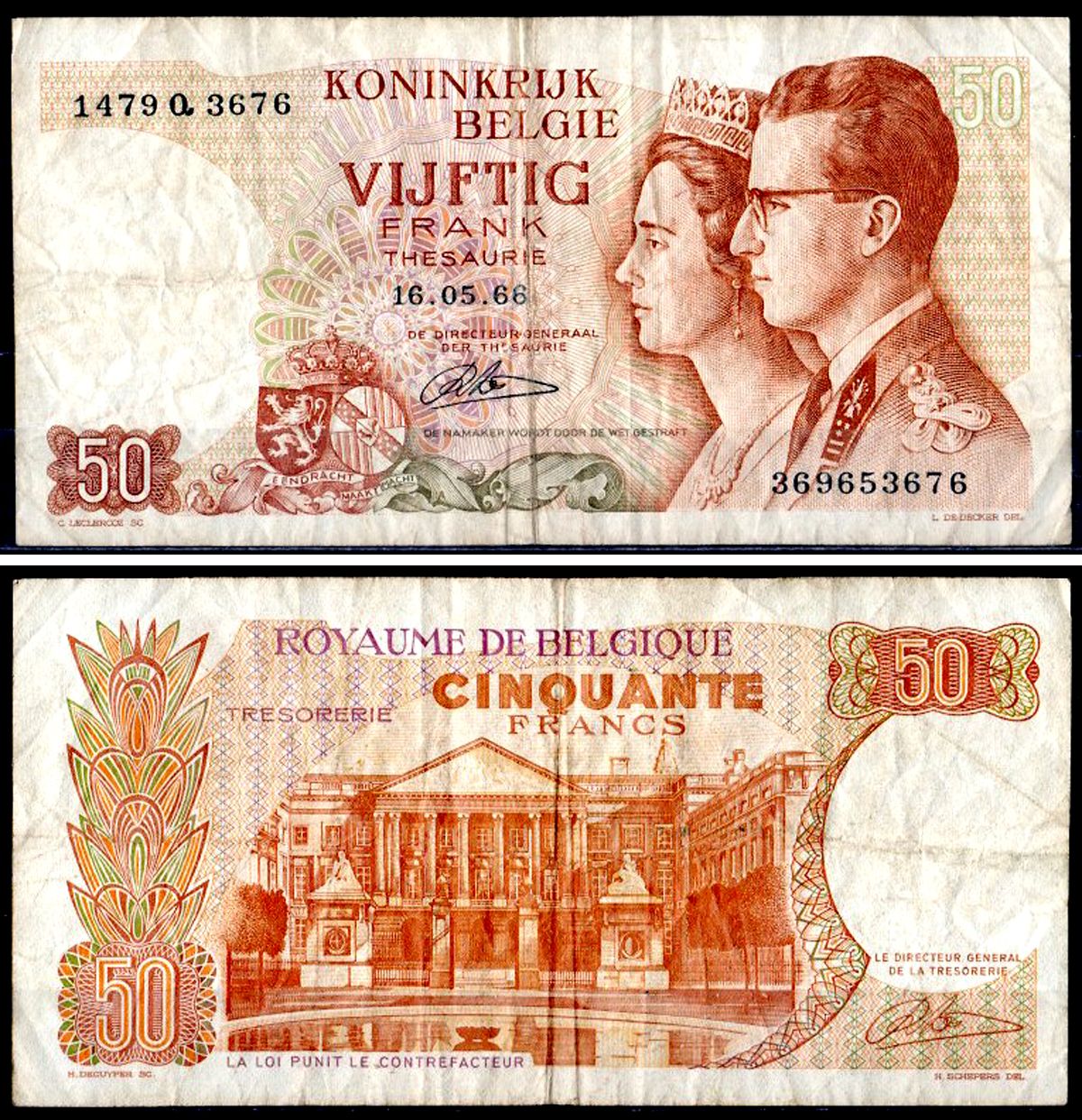 Бельгия 50 франков 1966 Pick 139 (4) бумага 6300-20-2-2