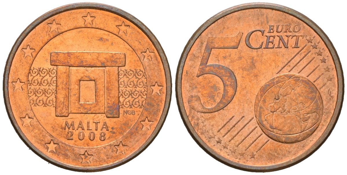 Мальта 5 евроцентов 2008 F KM 127 сталь плакированная медью UNC 4551-1237