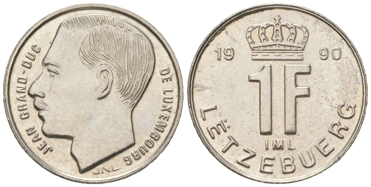 Люксембург 1 франк 1990 Герцог Жан (1964-1999) KM 63 сталь плакированная никелем UNC 4617-1051