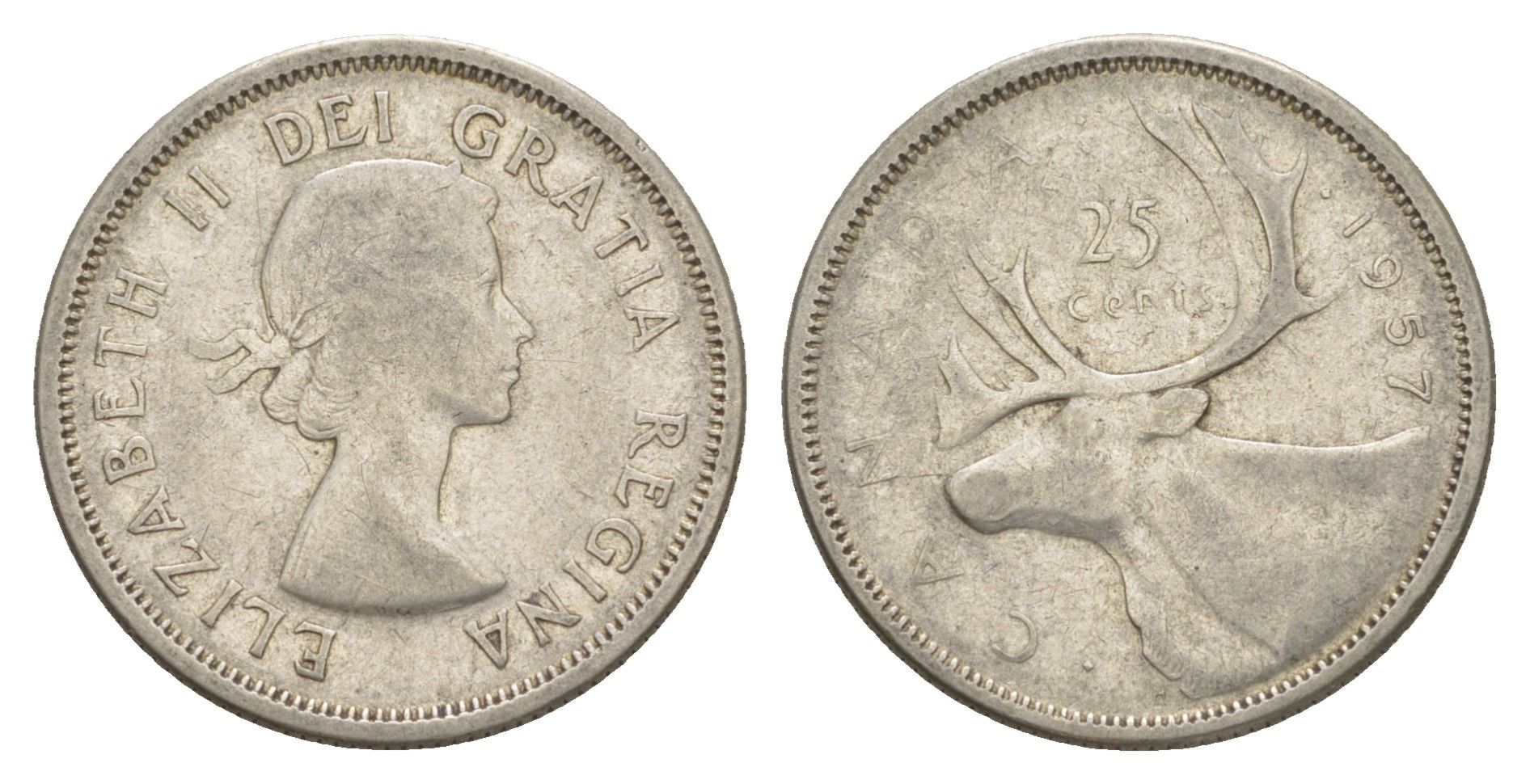 Канада 25 центов 1957 Елизавета II (1952-2022), олень KM 52 серебро 73-1622